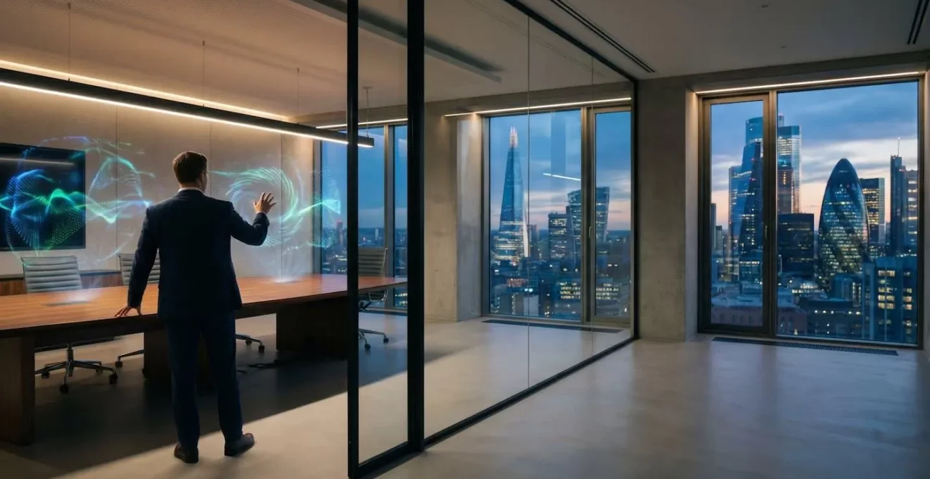 UK business executive analyzing machine learning data visualization in modern office setting