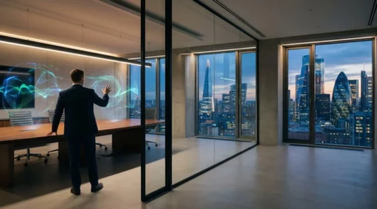 UK business executive analyzing machine learning data visualization in modern office setting