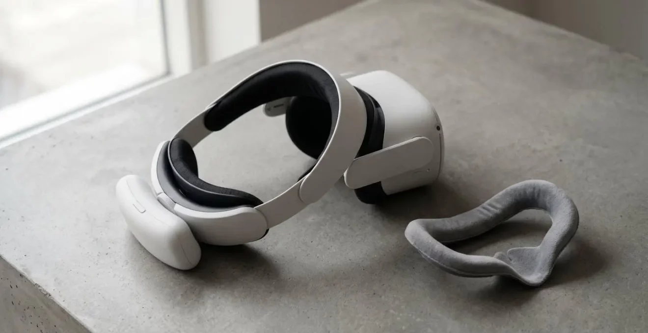 Virtual reality headset with premium comfort accessories displayed in minimalist editorial style
