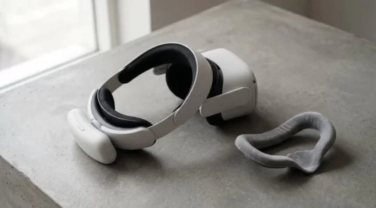 Virtual reality headset with premium comfort accessories displayed in minimalist editorial style
