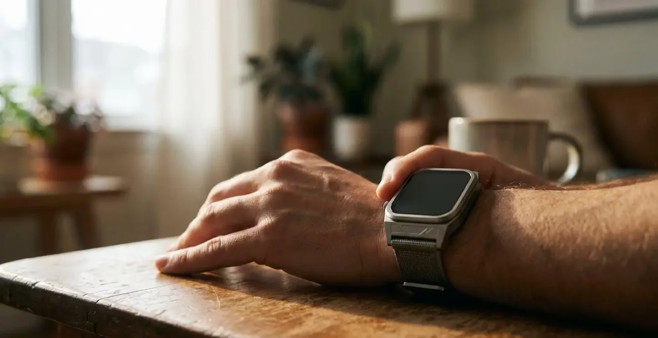 Close-up of a wrist wearing a modern fitness tracker with ambient lighting, emphasizing precision and technology without visible screen text