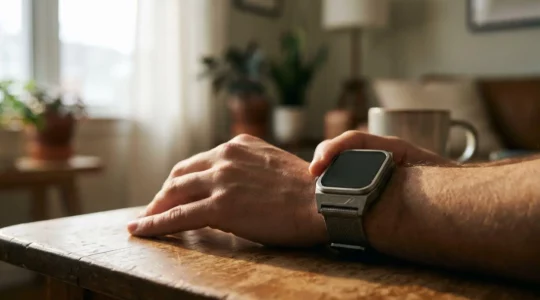 Close-up of a wrist wearing a modern fitness tracker with ambient lighting, emphasizing precision and technology without visible screen text